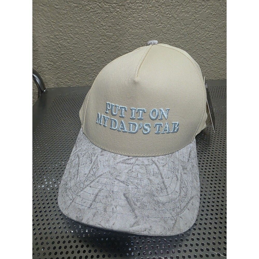 Put It On My Dad's Tab Embroidered Snapback Hat Tan Adult Size NWT